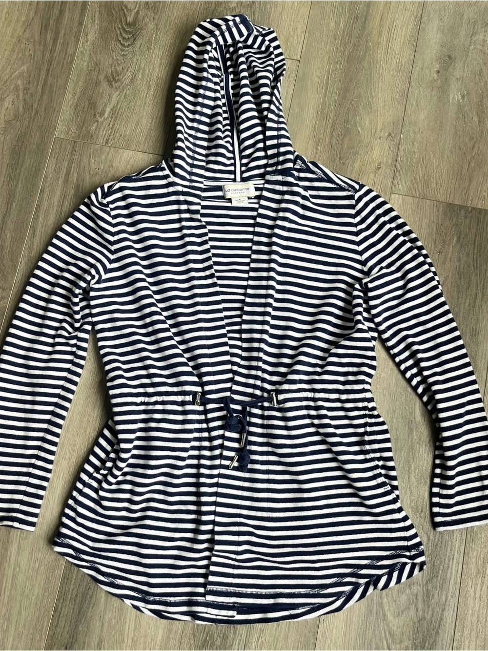 Liz Claiborne Weekend Hooded Striped Cotton Cardigan Navy White Size M